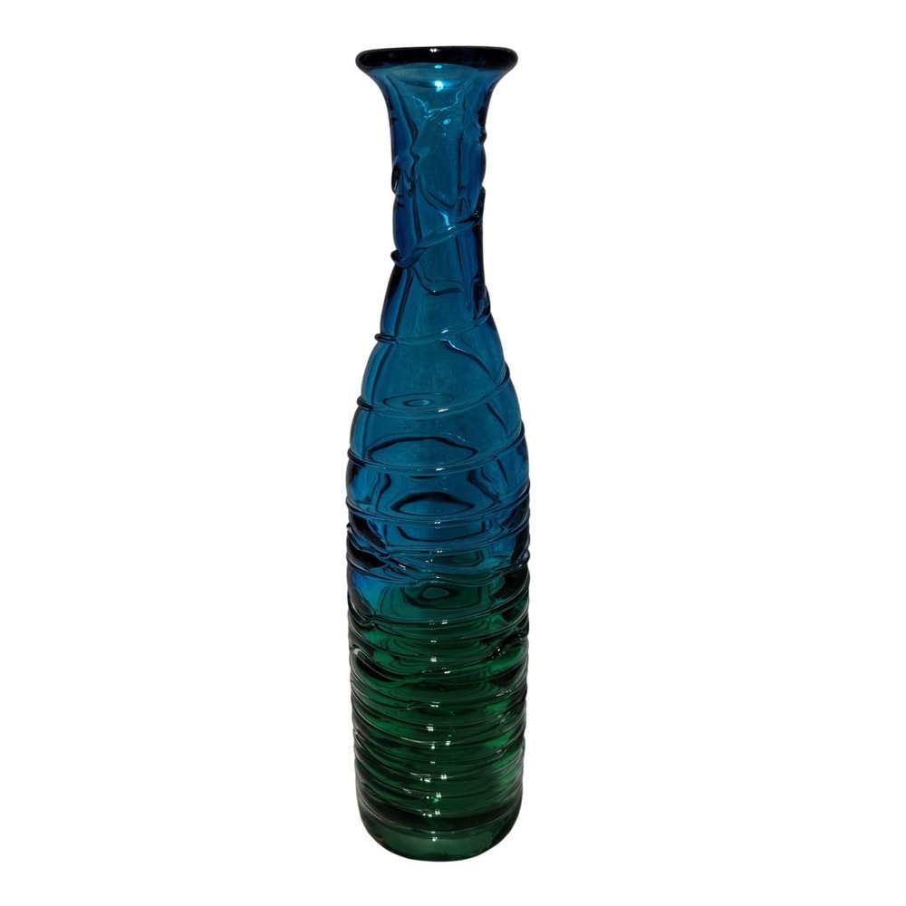 Tall Ombre Art Glass‎ Bud Vase Teal Blue Green Ribbed Textured 13.5 Inch